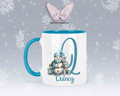 Schneemann Türkis-Alphabet mit Name - Personalisierte Keramik-Tasse Hellblau