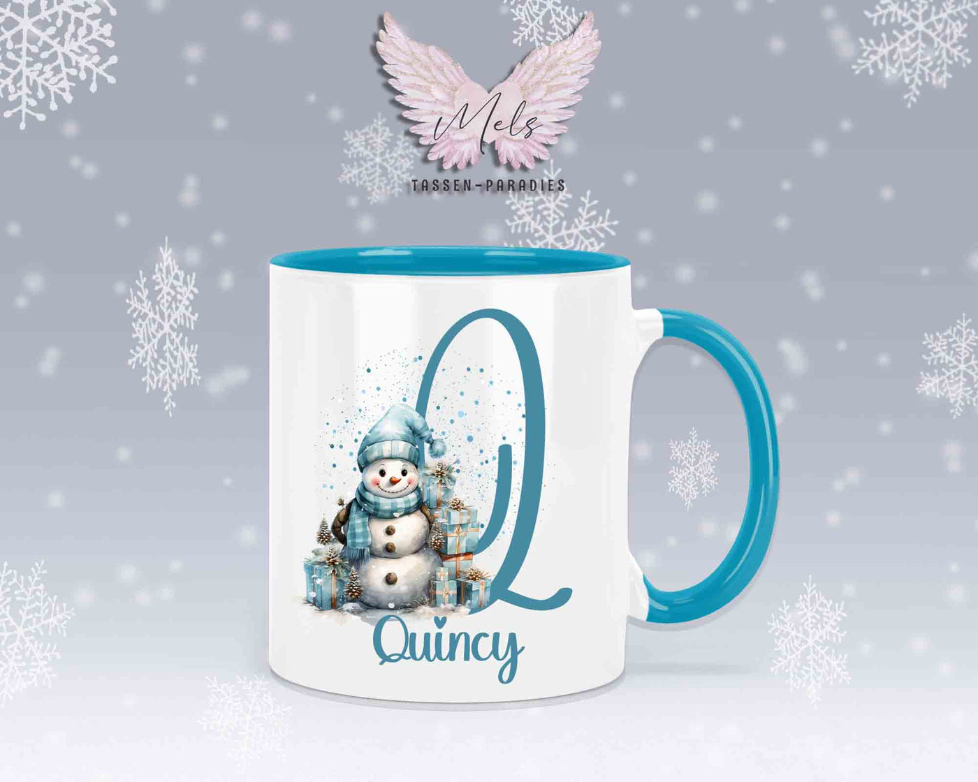 Schneemann Türkis-Alphabet mit Name - Personalisierte Keramik-Tasse Hellblau