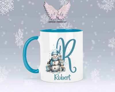 Schneemann Türkis-Alphabet mit Name - Personalisierte Keramik-Tasse Hellblau