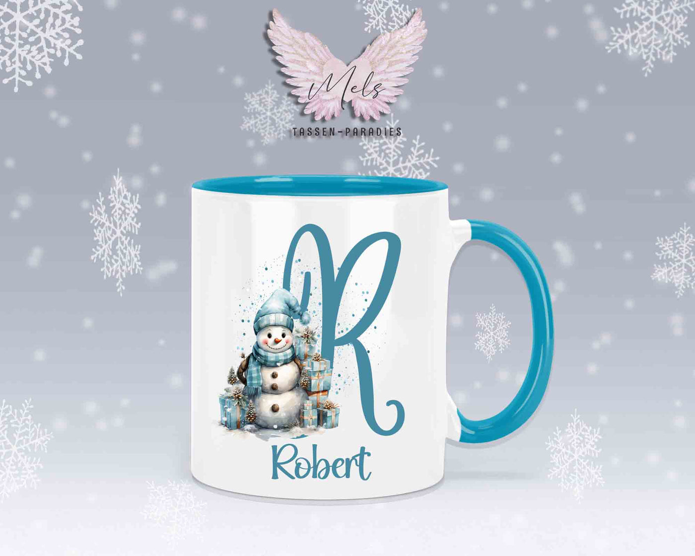 Schneemann Türkis-Alphabet mit Name - Personalisierte Keramik-Tasse Hellblau