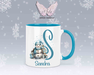Schneemann Türkis-Alphabet mit Name - Personalisierte Keramik-Tasse Hellblau