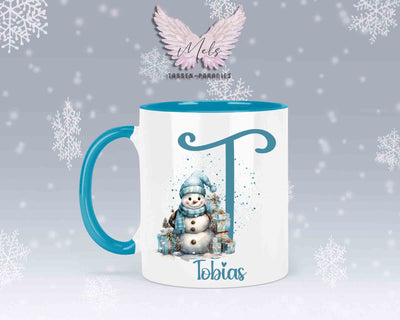 Schneemann Türkis-Alphabet mit Name - Personalisierte Keramik-Tasse Hellblau