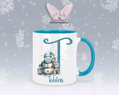 Schneemann Türkis-Alphabet mit Name - Personalisierte Keramik-Tasse Hellblau
