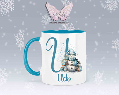 Schneemann Türkis-Alphabet mit Name - Personalisierte Keramik-Tasse Hellblau