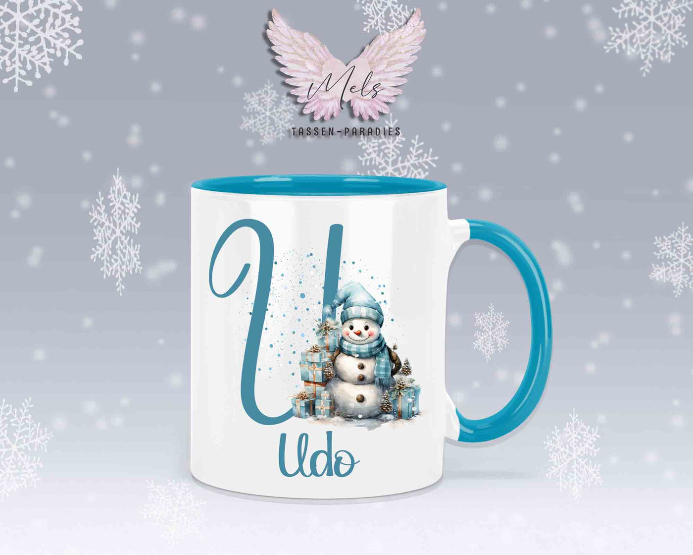 Schneemann Türkis-Alphabet mit Name - Personalisierte Keramik-Tasse Hellblau
