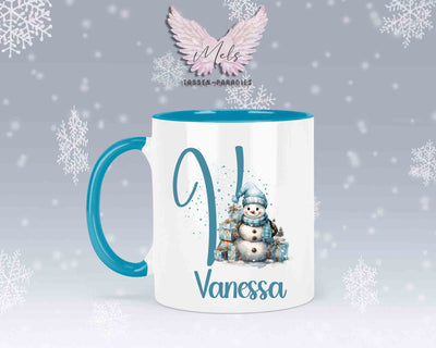 Schneemann Türkis-Alphabet mit Name - Personalisierte Keramik-Tasse Hellblau