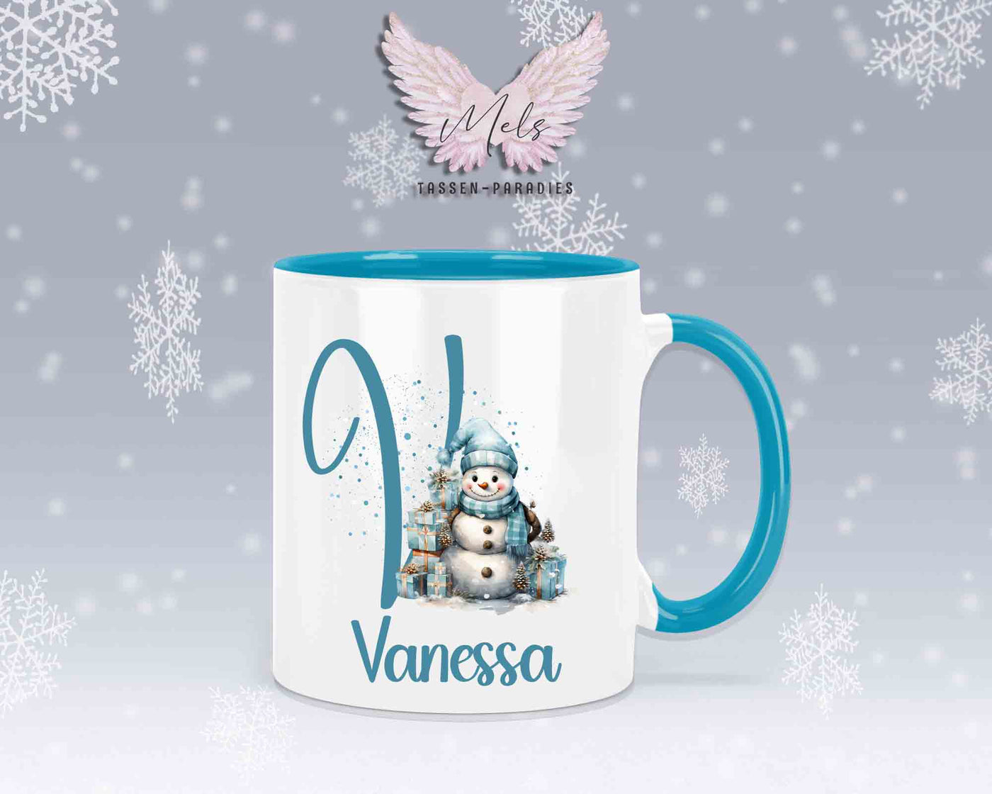 Schneemann Türkis-Alphabet mit Name - Personalisierte Keramik-Tasse Hellblau