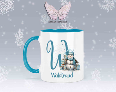 Schneemann Türkis-Alphabet mit Name - Personalisierte Keramik-Tasse Hellblau