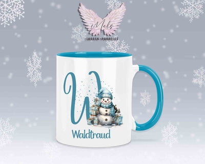 Schneemann Türkis-Alphabet mit Name - Personalisierte Keramik-Tasse Hellblau