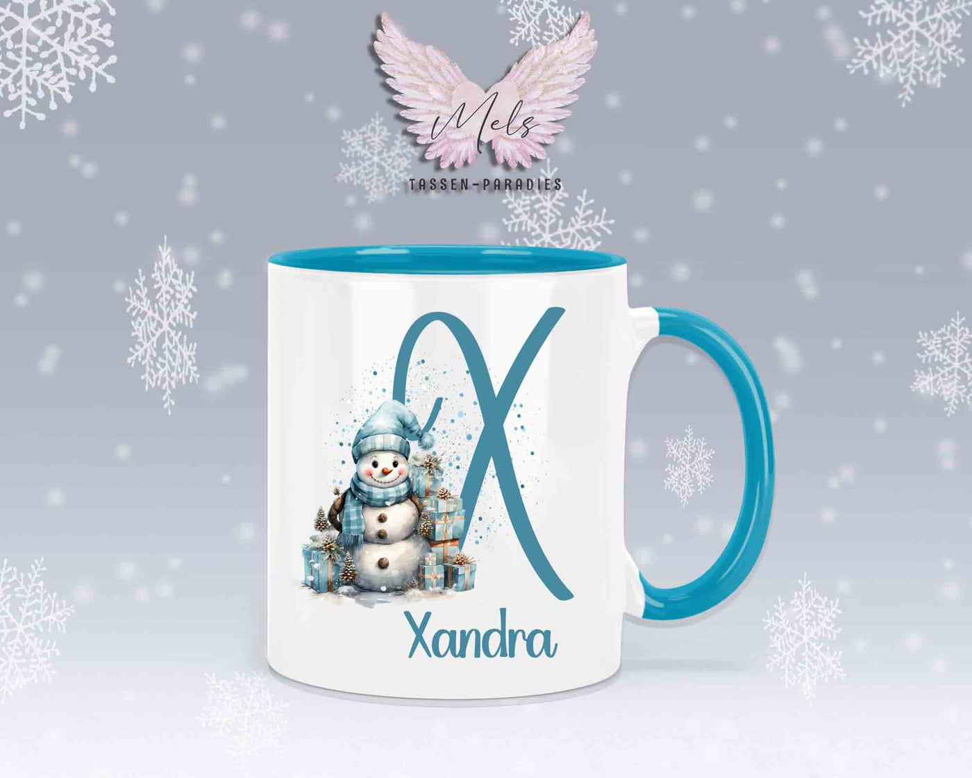 Schneemann Türkis-Alphabet mit Name - Personalisierte Keramik-Tasse Hellblau
