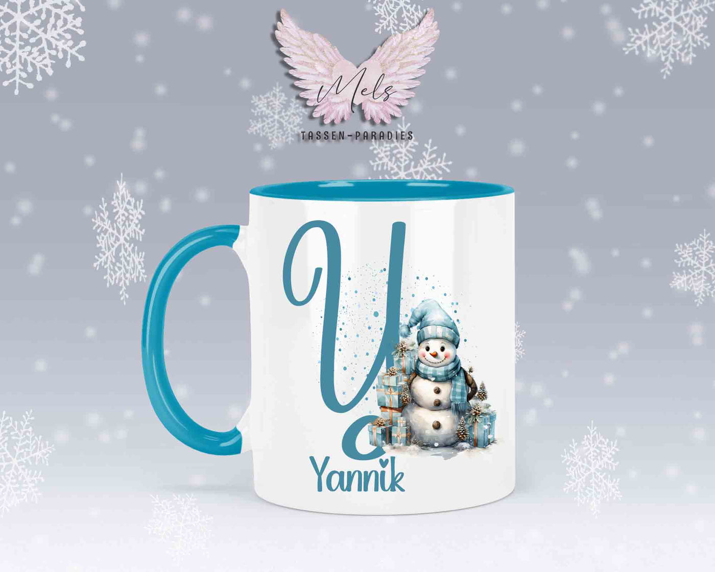 Schneemann Türkis-Alphabet mit Name - Personalisierte Keramik-Tasse Hellblau