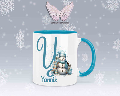 Schneemann Türkis-Alphabet mit Name - Personalisierte Keramik-Tasse Hellblau