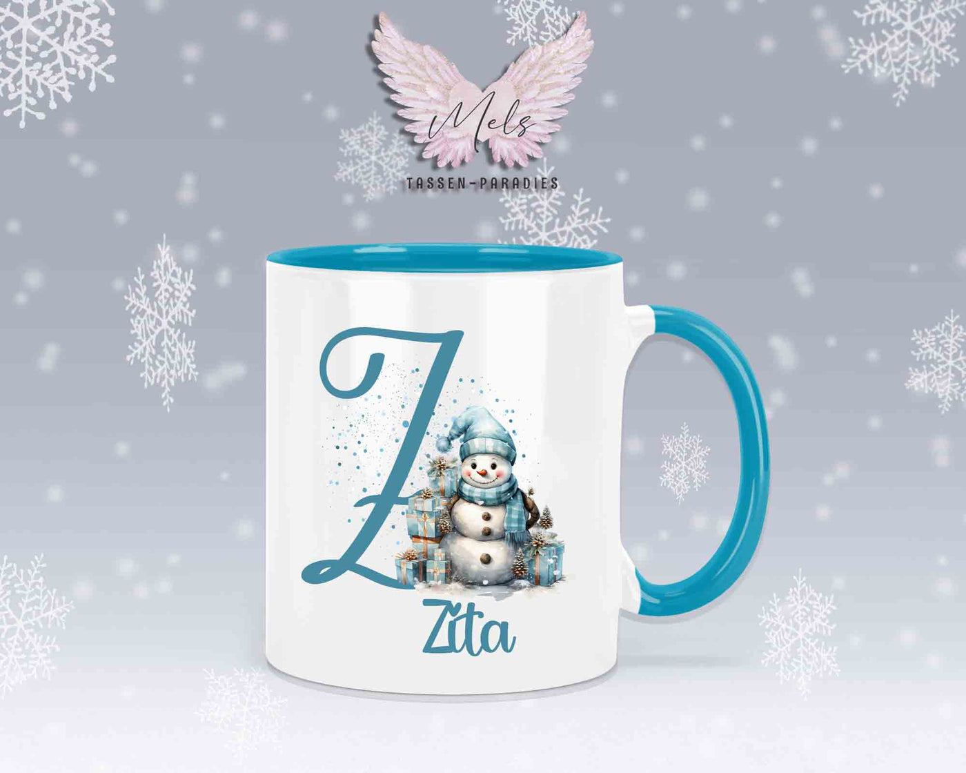 Schneemann Türkis-Alphabet mit Name - Personalisierte Keramik-Tasse Hellblau