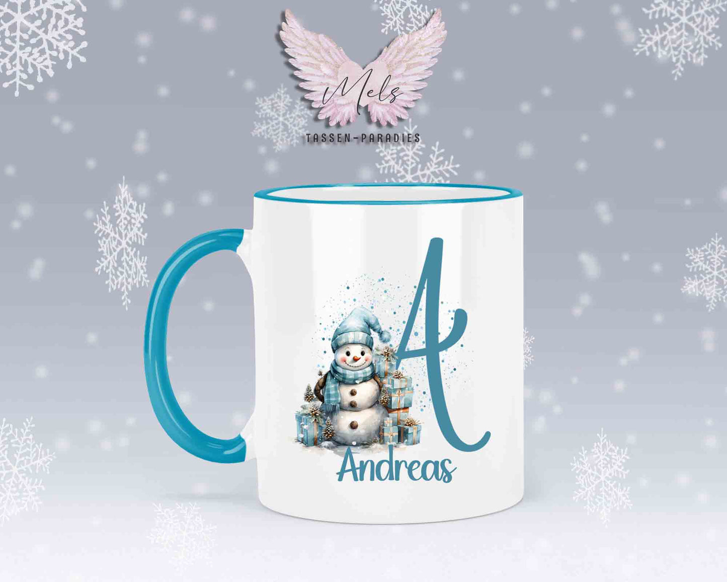 Schneemann Türkis-Alphabet mit Name - Personalisierte Keramik-Tasse Hellblau 2