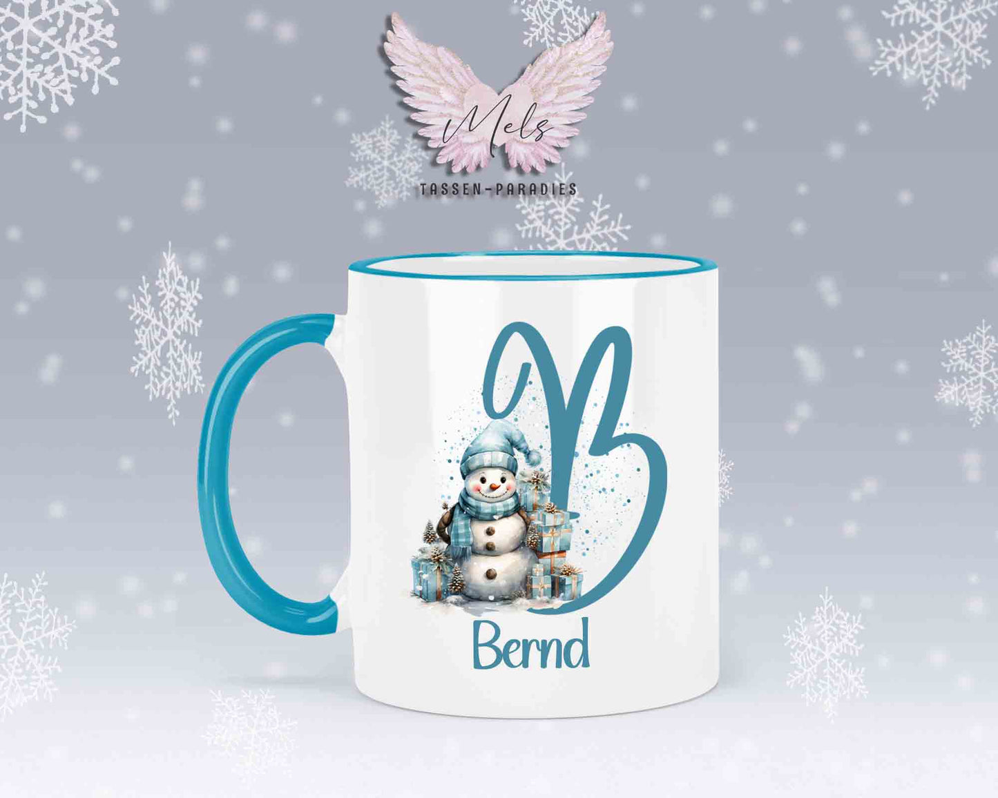 Schneemann Türkis-Alphabet mit Name - Personalisierte Keramik-Tasse Hellblau 2