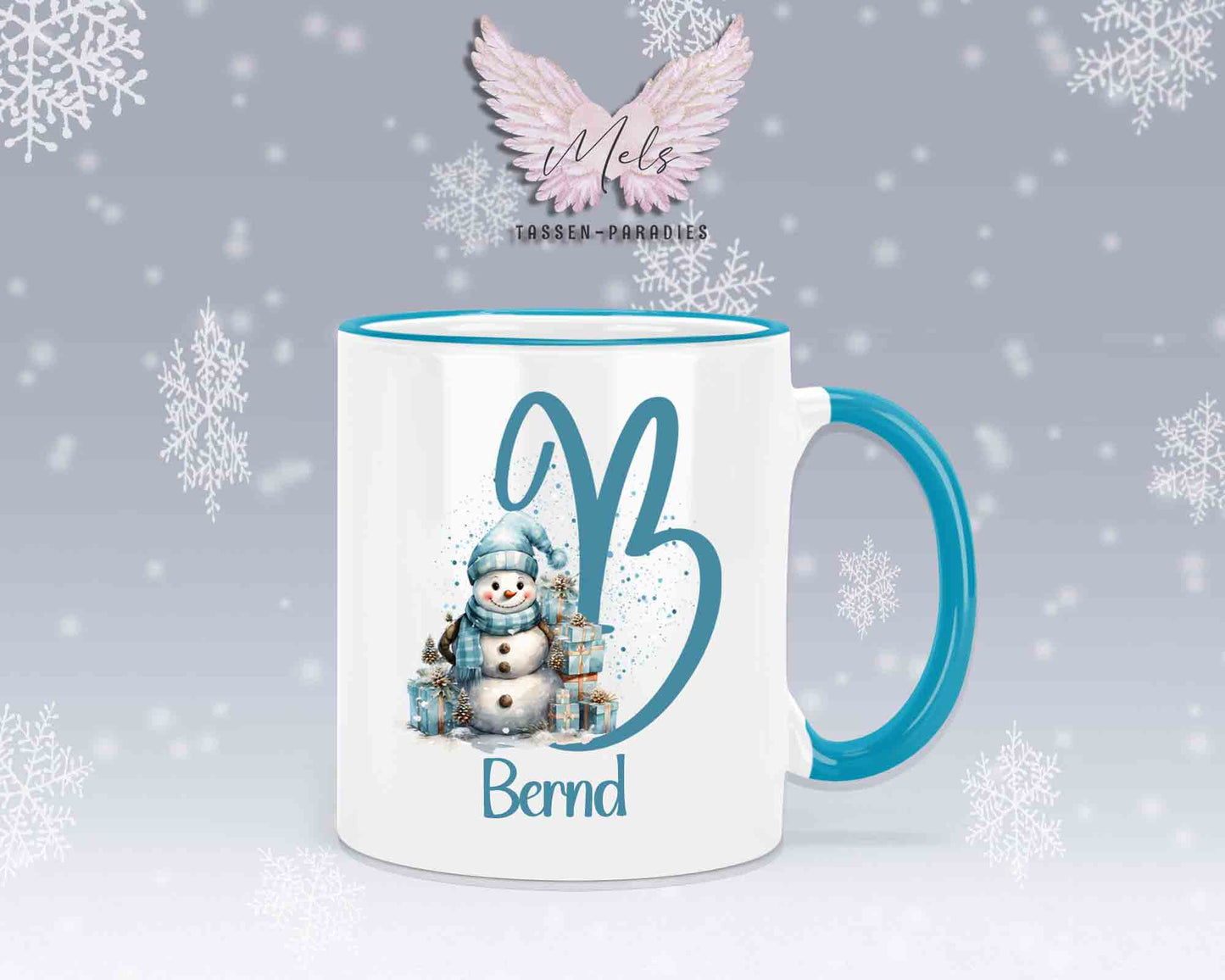 Schneemann Türkis-Alphabet mit Name - Personalisierte Keramik-Tasse Hellblau 2