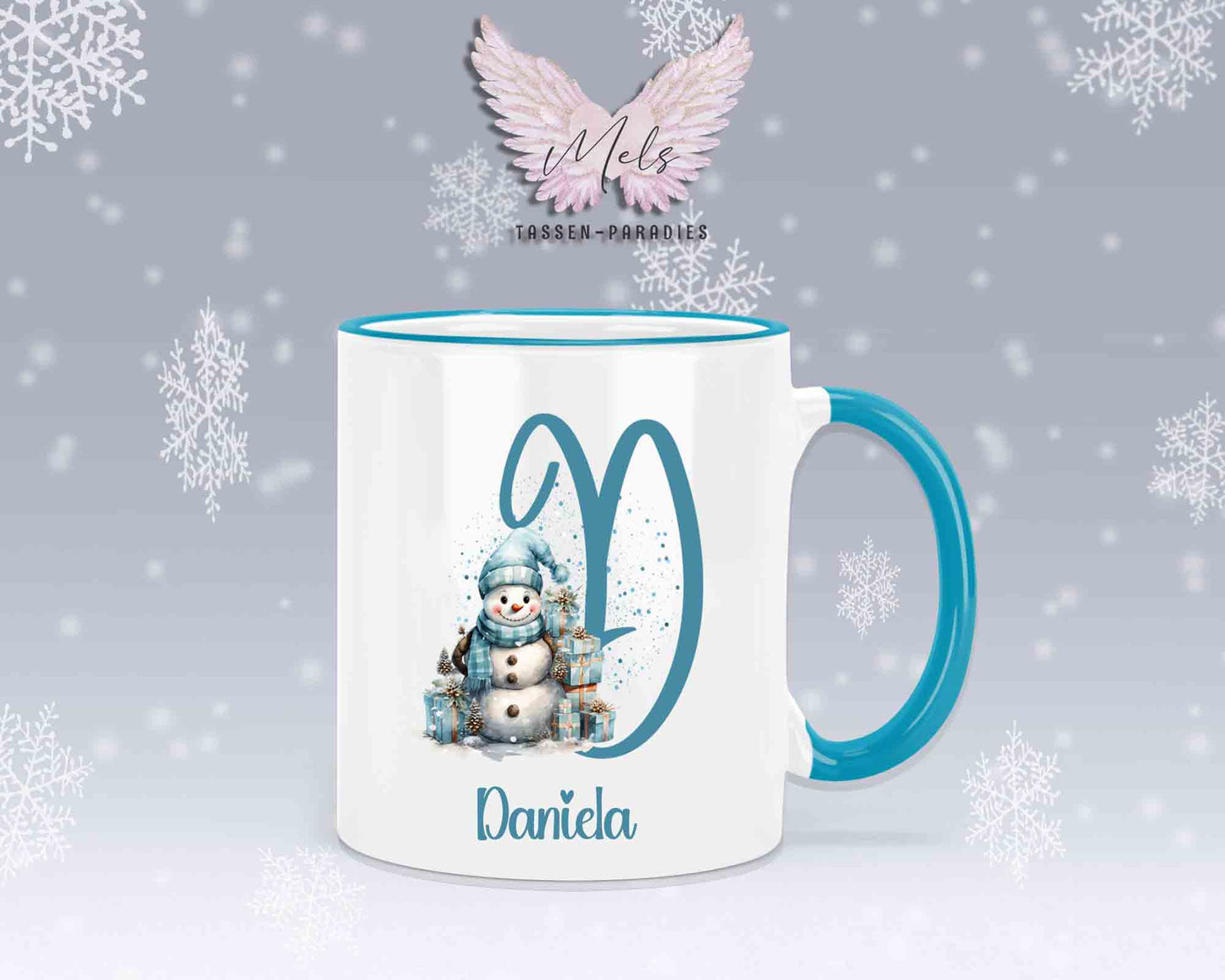 Schneemann Türkis-Alphabet mit Name - Personalisierte Keramik-Tasse Hellblau 2