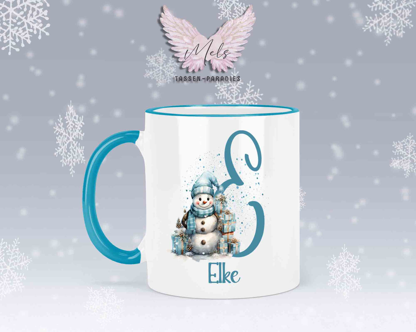 Schneemann Türkis-Alphabet mit Name - Personalisierte Keramik-Tasse Hellblau 2