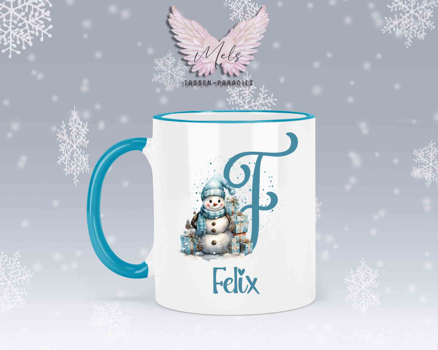 Schneemann Türkis-Alphabet mit Name - Personalisierte Keramik-Tasse Hellblau 2