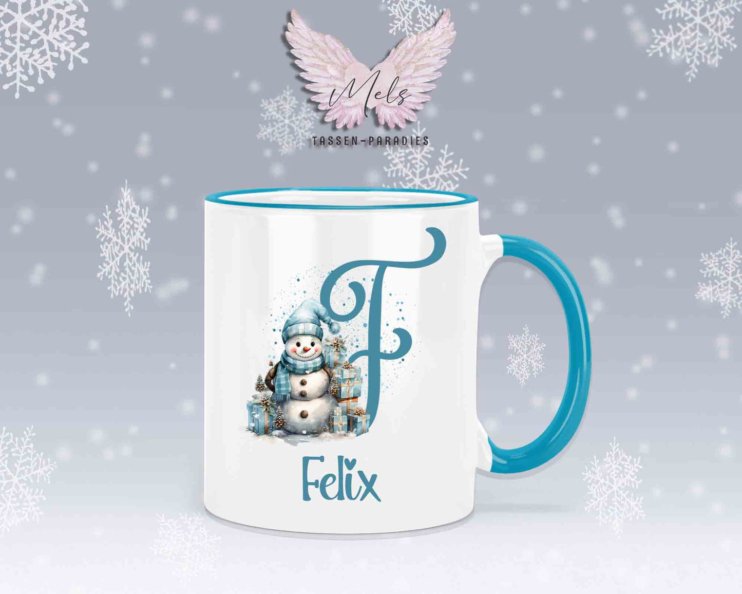 Schneemann Türkis-Alphabet mit Name - Personalisierte Keramik-Tasse Hellblau 2