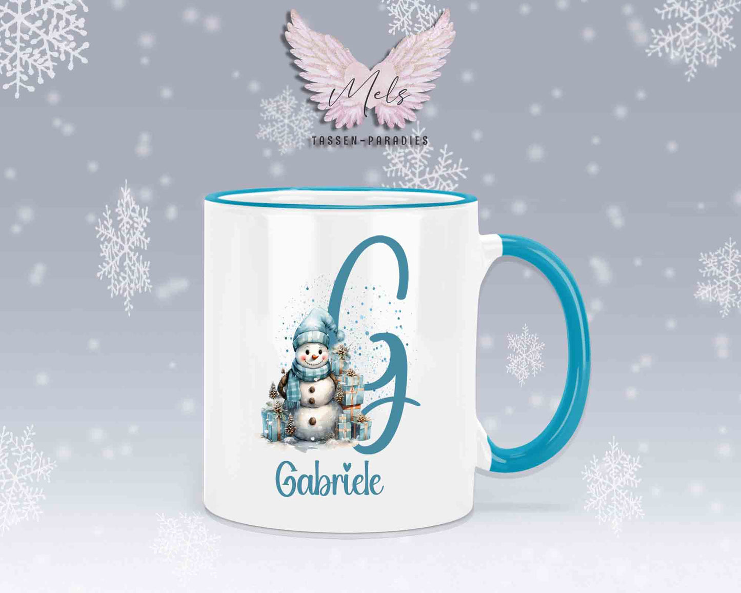 Schneemann Türkis-Alphabet mit Name - Personalisierte Keramik-Tasse Hellblau 2