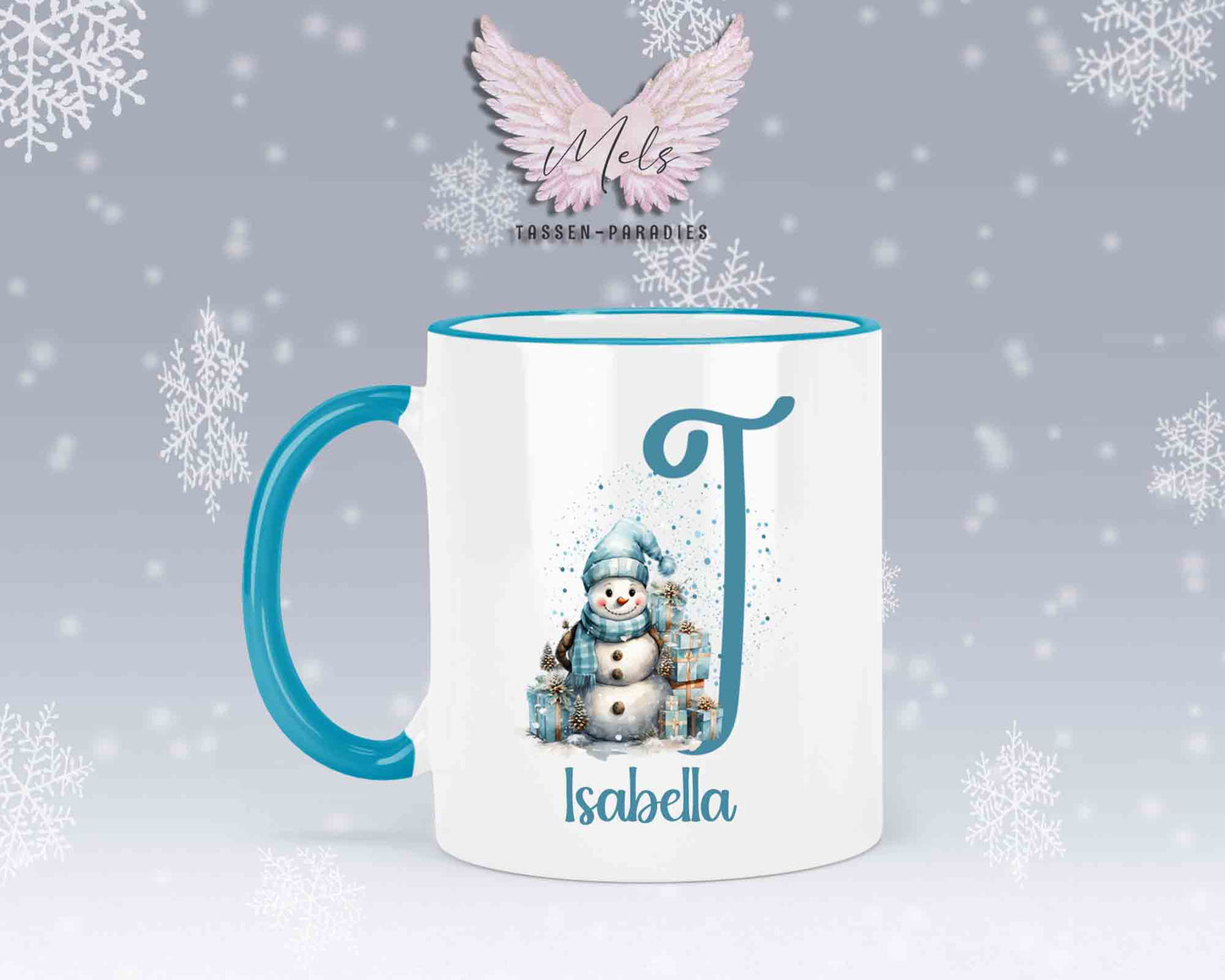 Schneemann Türkis-Alphabet mit Name - Personalisierte Keramik-Tasse Hellblau 2