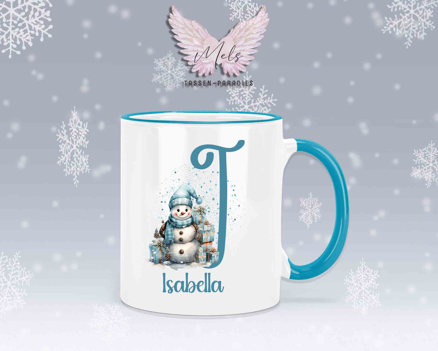 Schneemann Türkis-Alphabet mit Name - Personalisierte Keramik-Tasse Hellblau 2