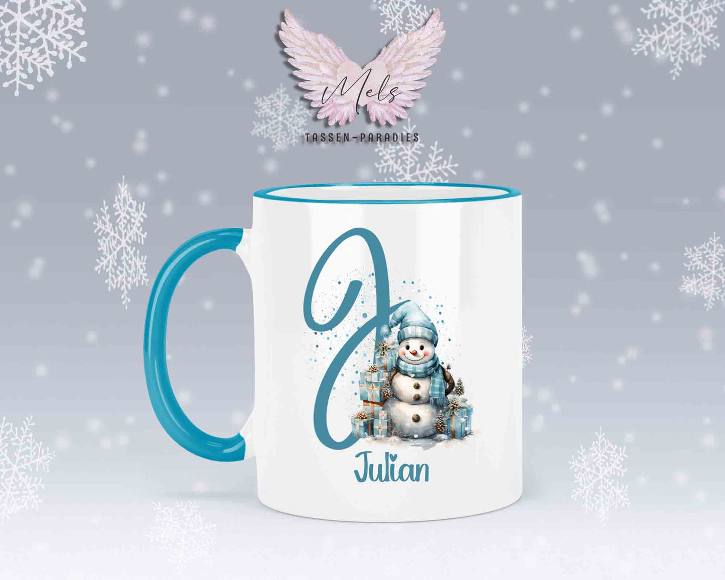 Schneemann Türkis-Alphabet mit Name - Personalisierte Keramik-Tasse Hellblau 2