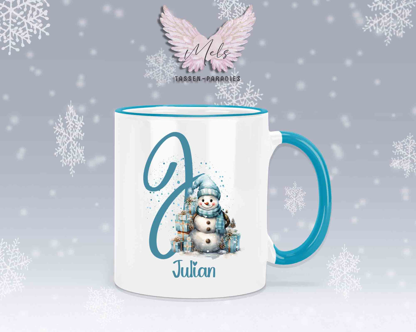 Schneemann Türkis-Alphabet mit Name - Personalisierte Keramik-Tasse Hellblau 2