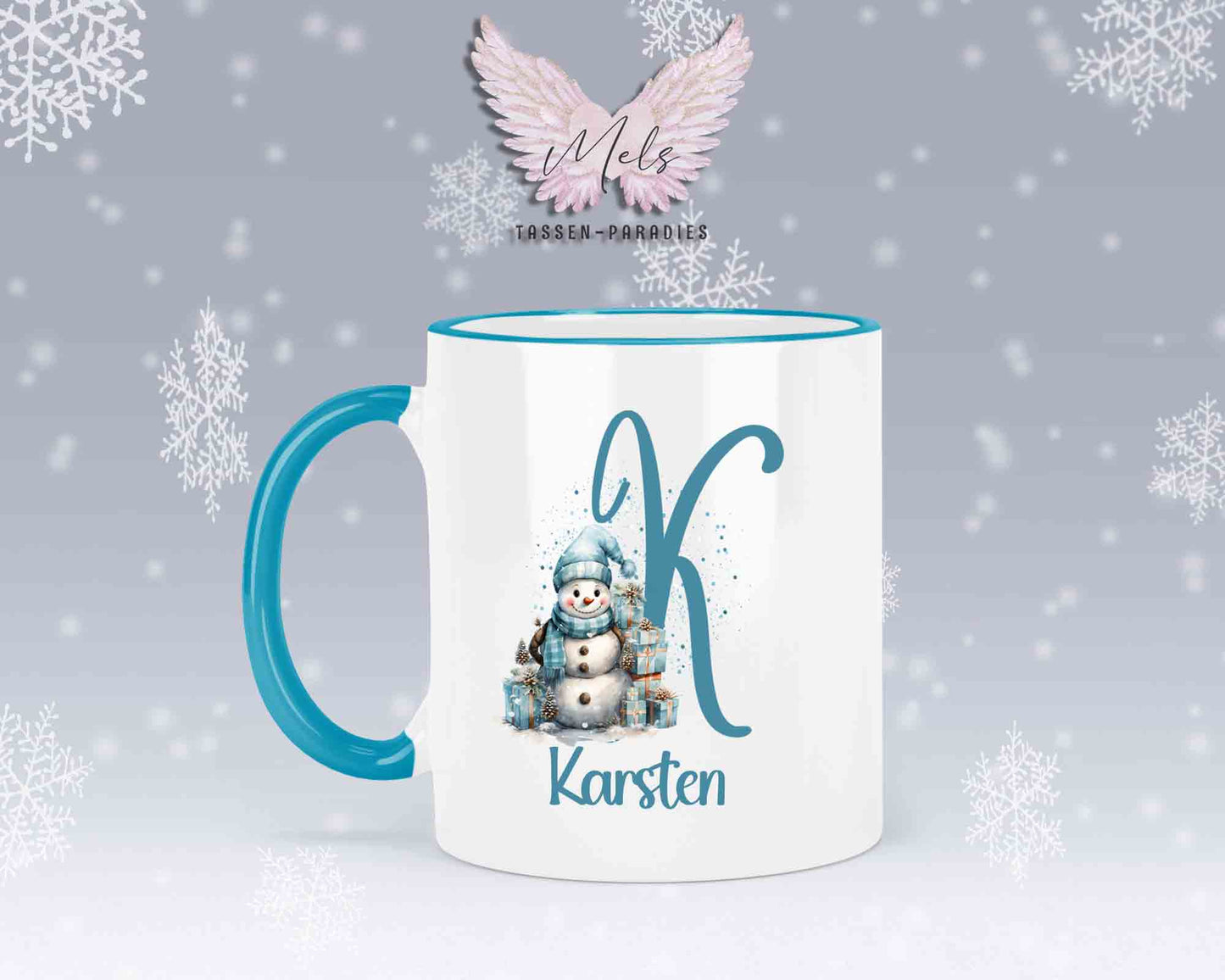 Schneemann Türkis-Alphabet mit Name - Personalisierte Keramik-Tasse Hellblau 2