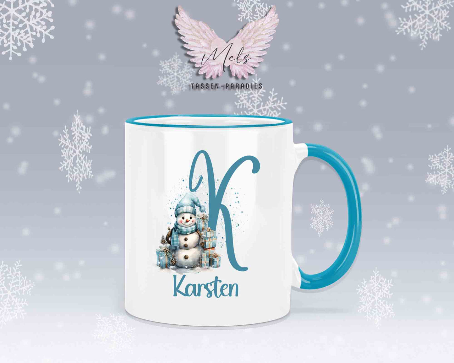 Schneemann Türkis-Alphabet mit Name - Personalisierte Keramik-Tasse Hellblau 2