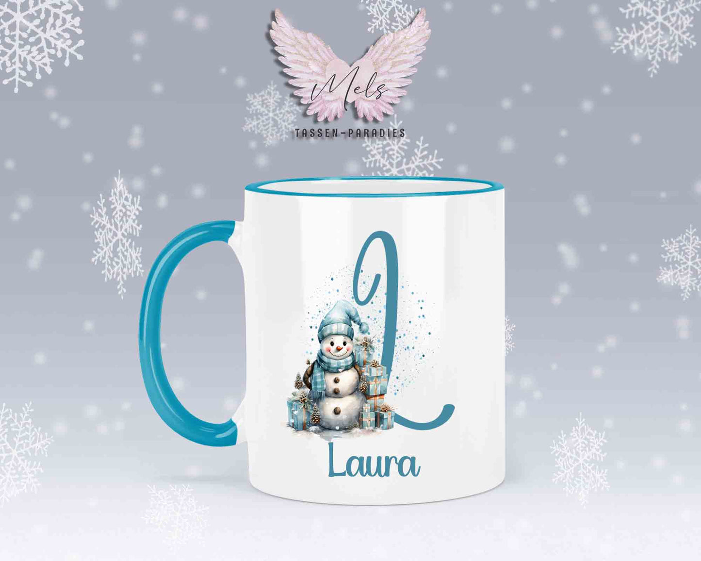 Schneemann Türkis-Alphabet mit Name - Personalisierte Keramik-Tasse Hellblau 2