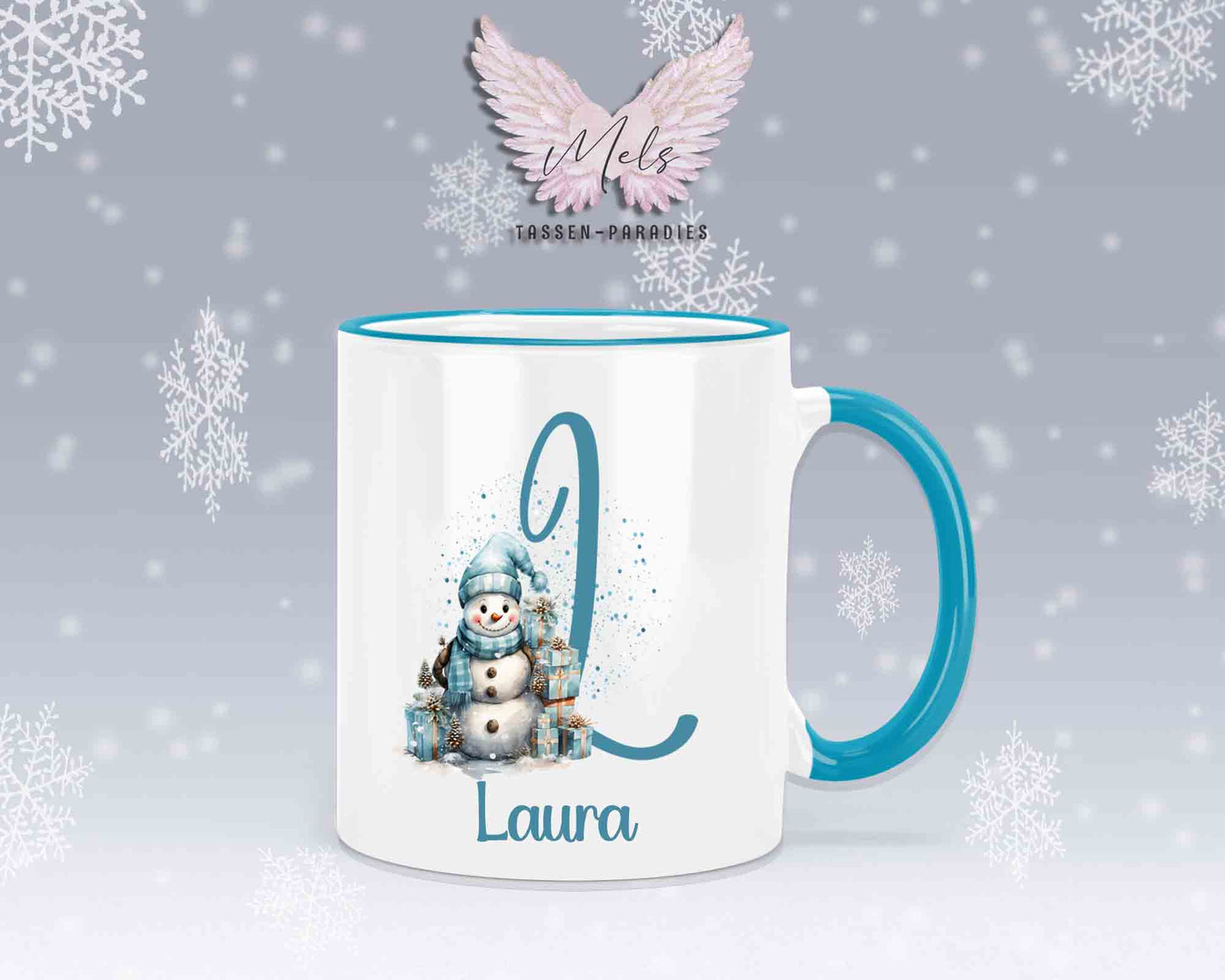 Schneemann Türkis-Alphabet mit Name - Personalisierte Keramik-Tasse Hellblau 2