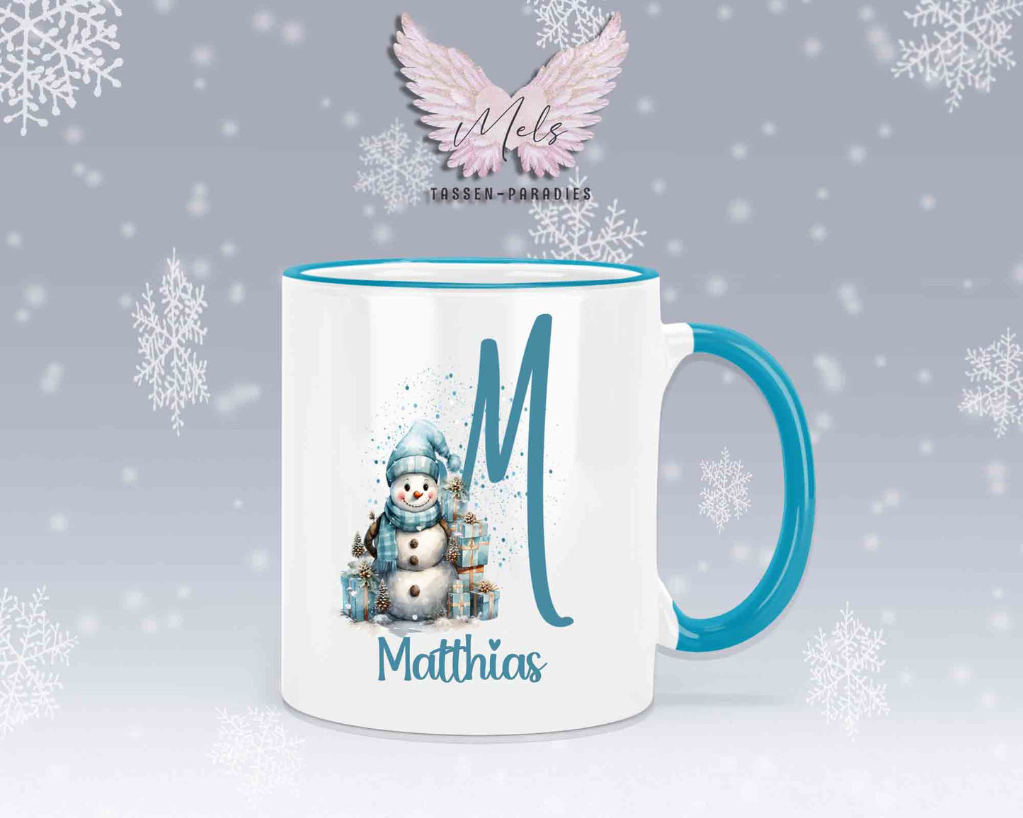 Schneemann Türkis-Alphabet mit Name - Personalisierte Keramik-Tasse Hellblau 2