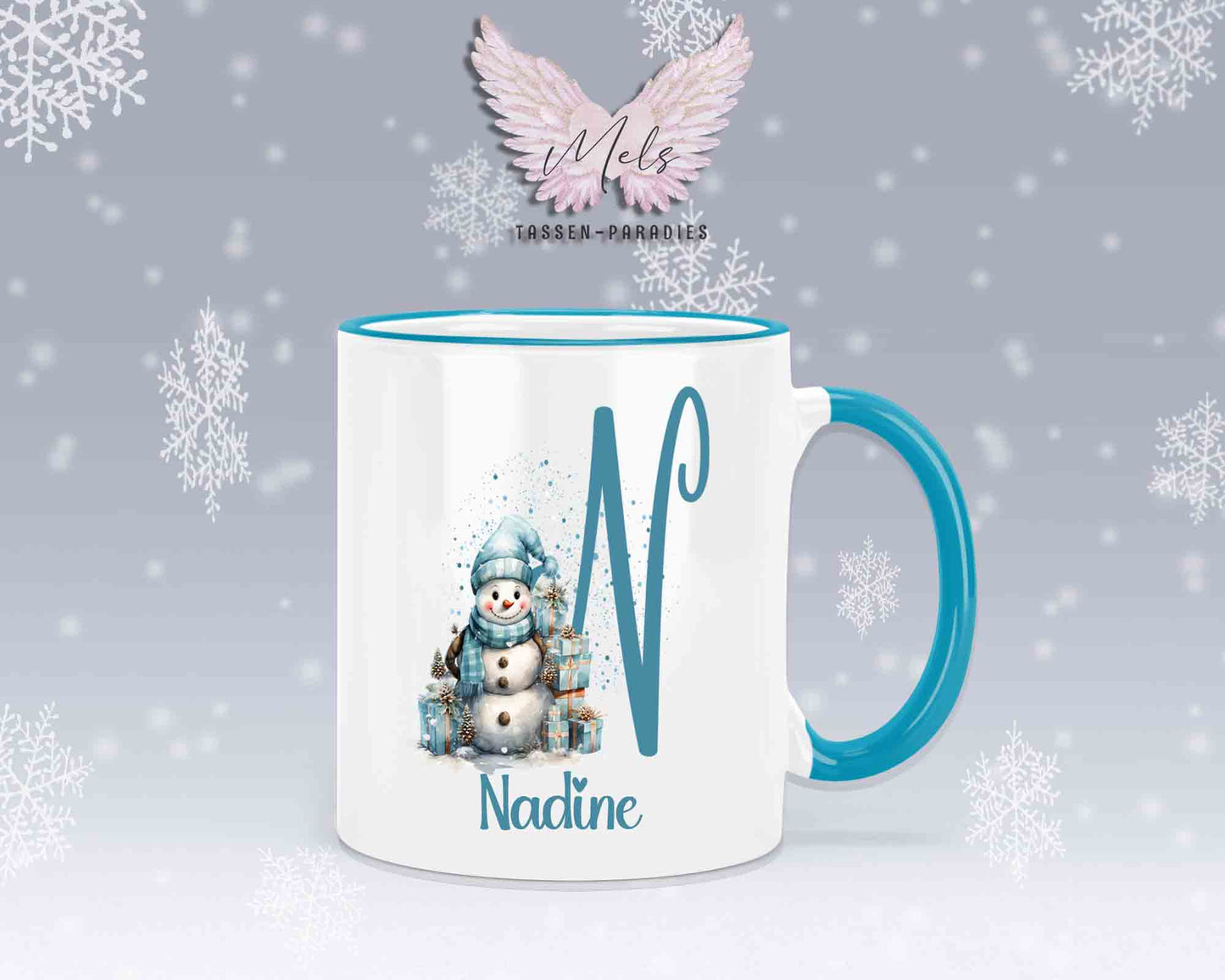 Schneemann Türkis-Alphabet mit Name - Personalisierte Keramik-Tasse Hellblau 2