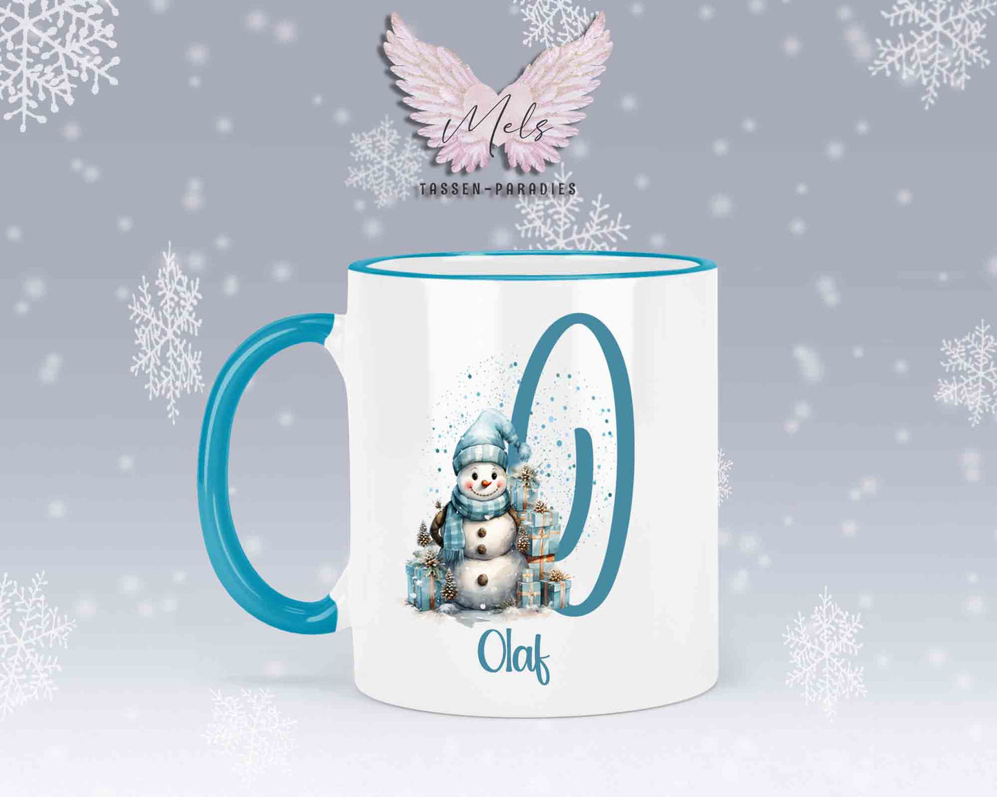 Schneemann Türkis-Alphabet mit Name - Personalisierte Keramik-Tasse Hellblau 2