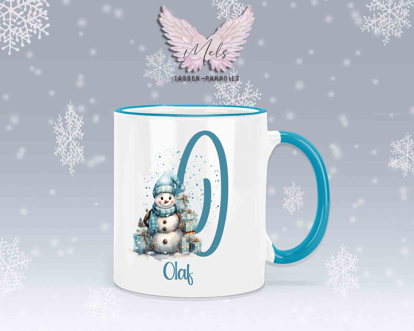 Schneemann Türkis-Alphabet mit Name - Personalisierte Keramik-Tasse Hellblau 2