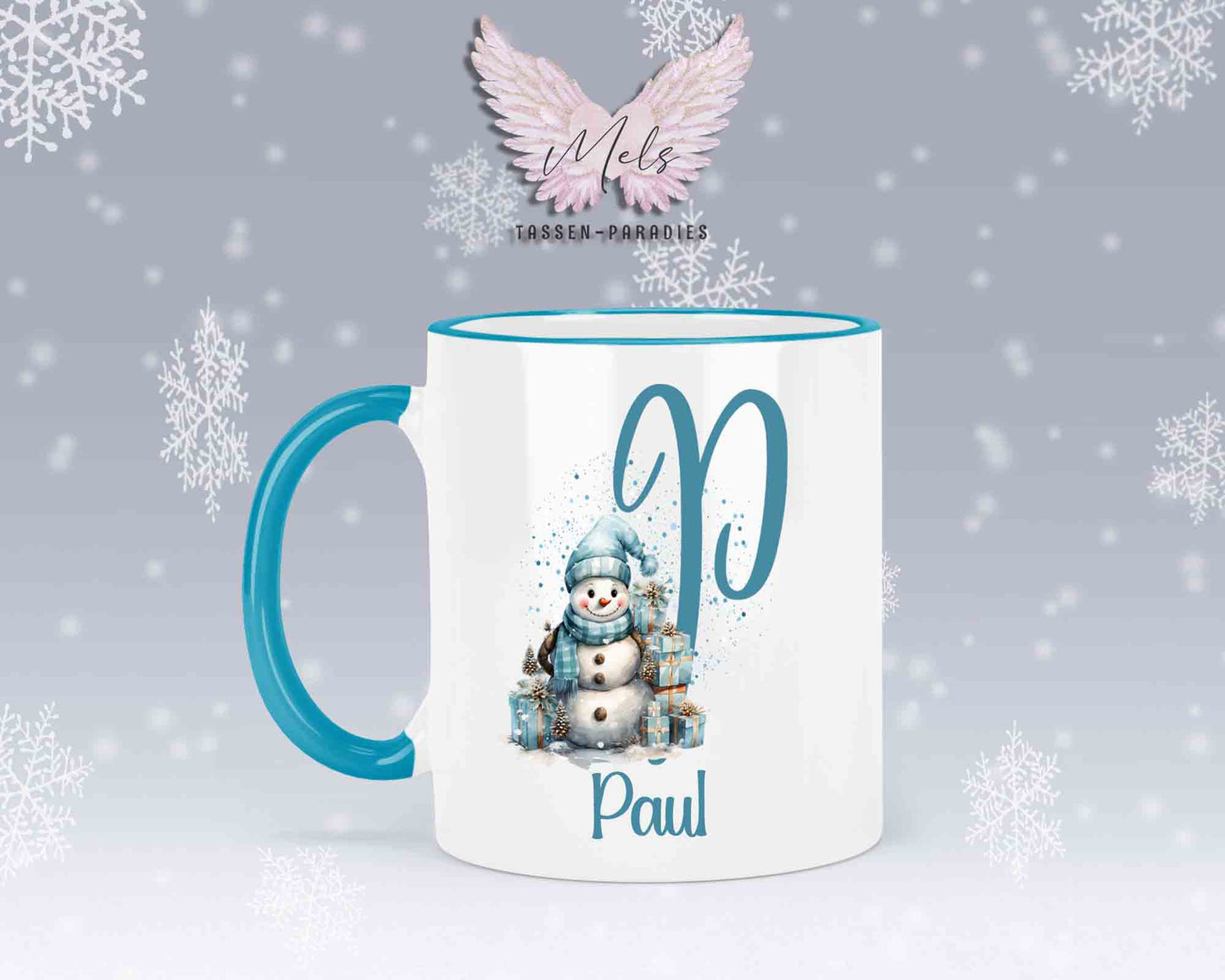 Schneemann Türkis-Alphabet mit Name - Personalisierte Keramik-Tasse Hellblau 2