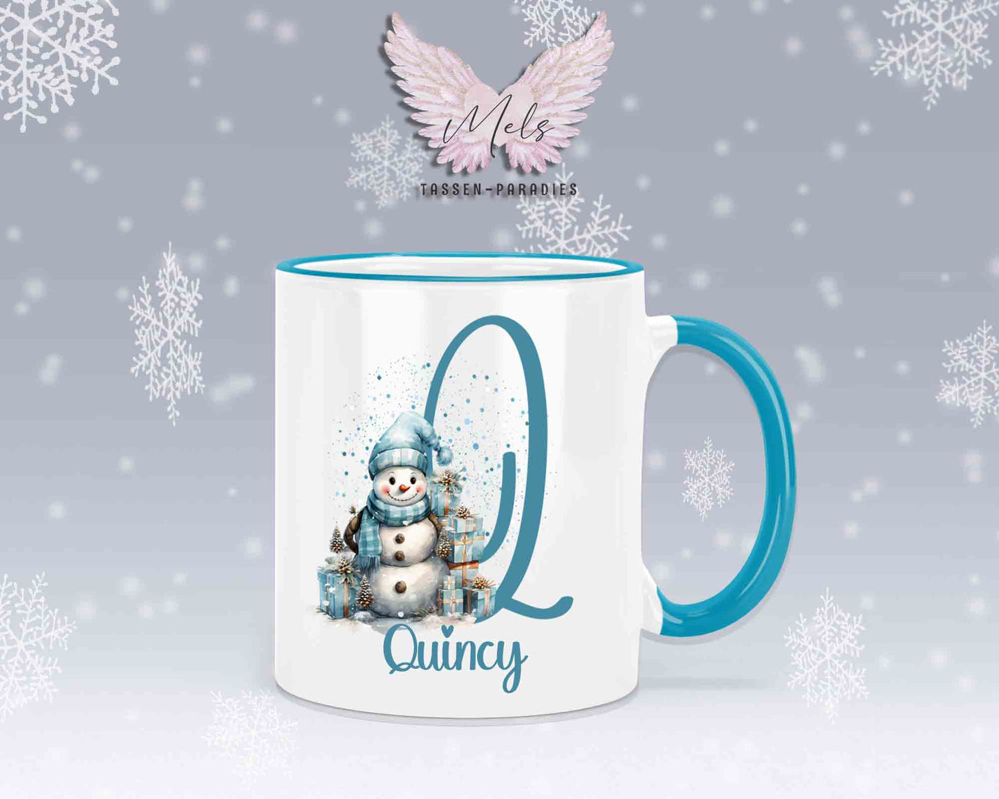 Schneemann Türkis-Alphabet mit Name - Personalisierte Keramik-Tasse Hellblau 2