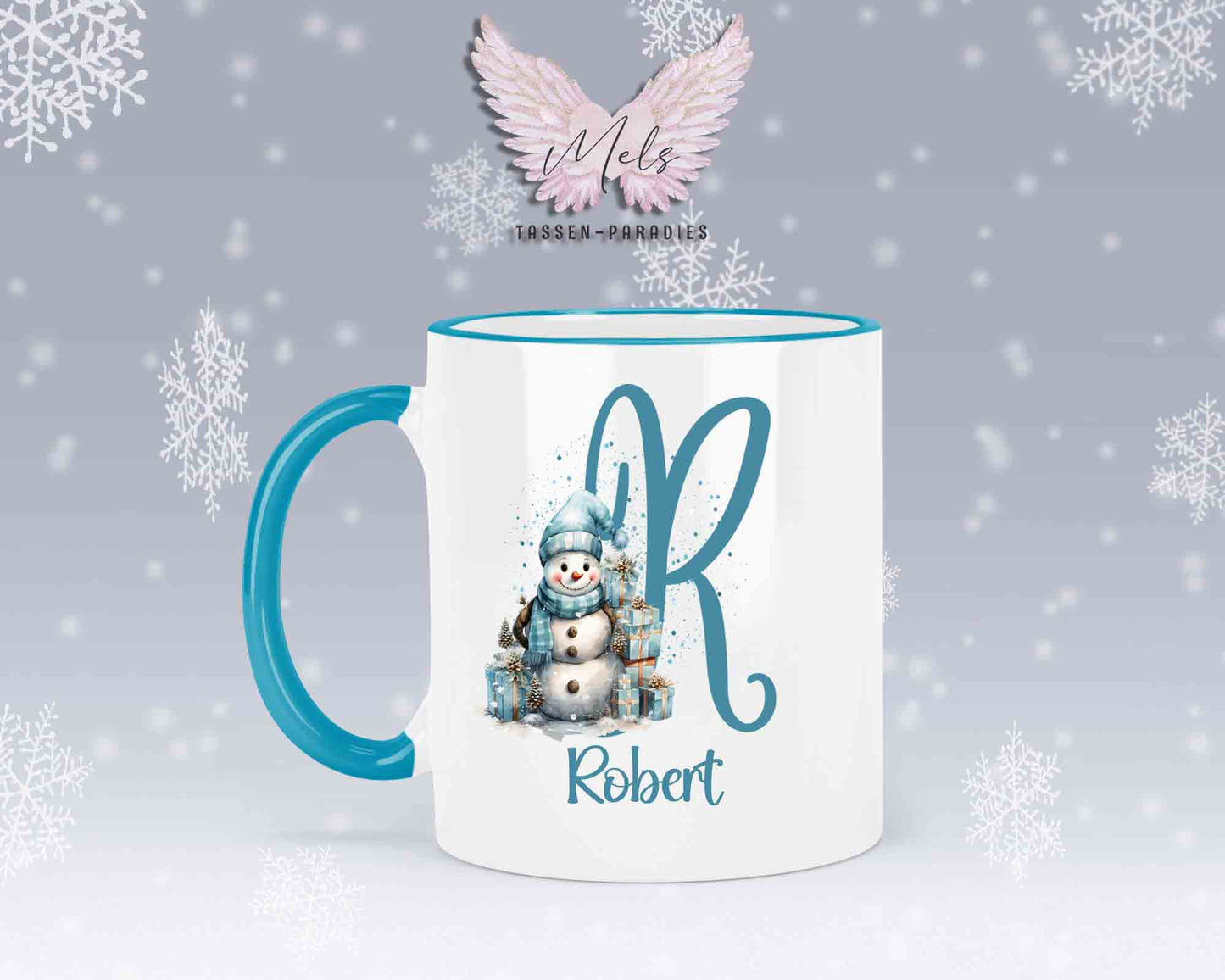 Schneemann Türkis-Alphabet mit Name - Personalisierte Keramik-Tasse Hellblau 2