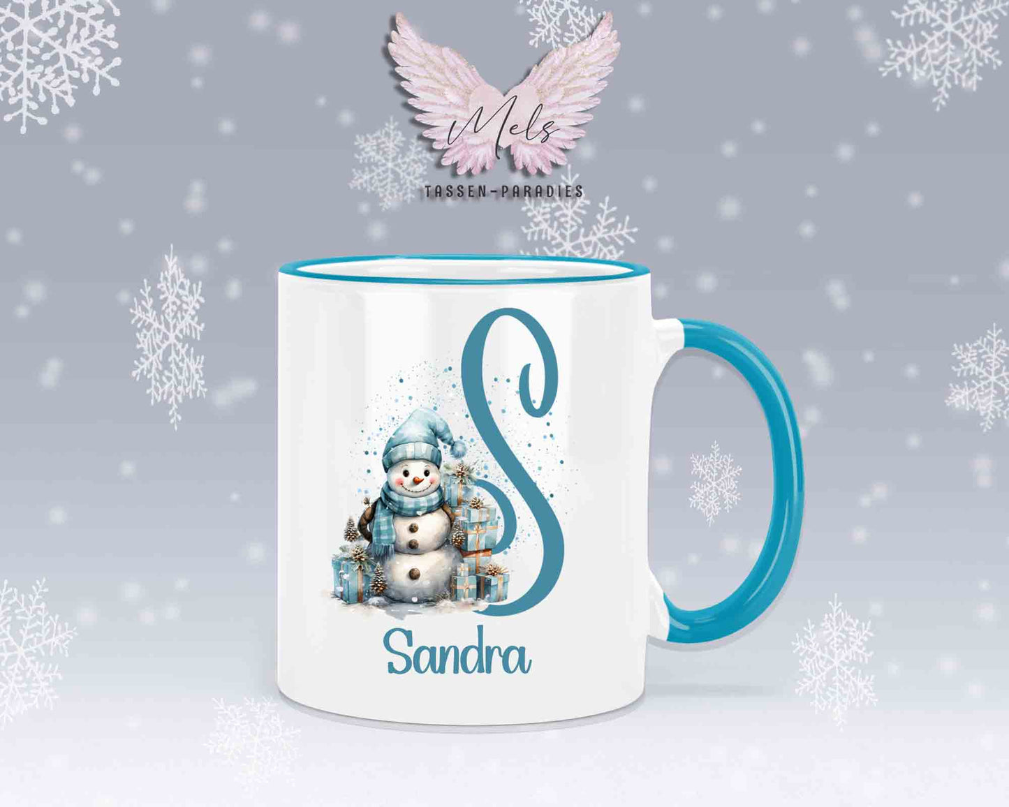 Schneemann Türkis-Alphabet mit Name - Personalisierte Keramik-Tasse Hellblau 2