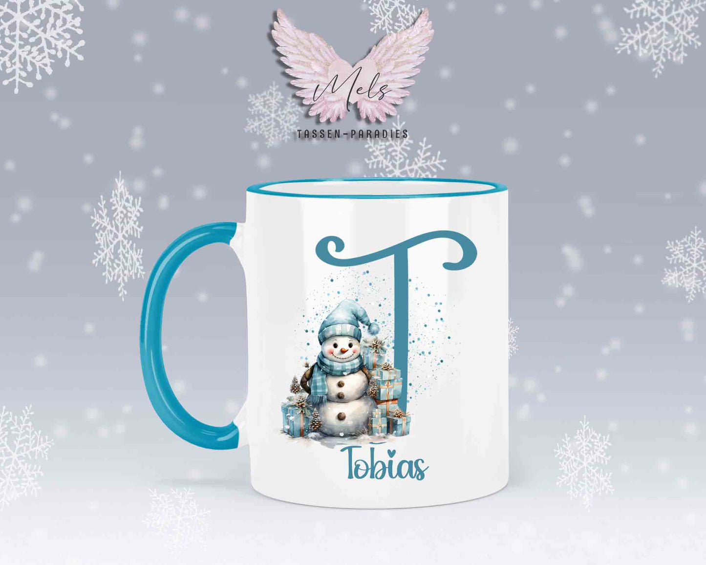 Schneemann Türkis-Alphabet mit Name - Personalisierte Keramik-Tasse Hellblau 2