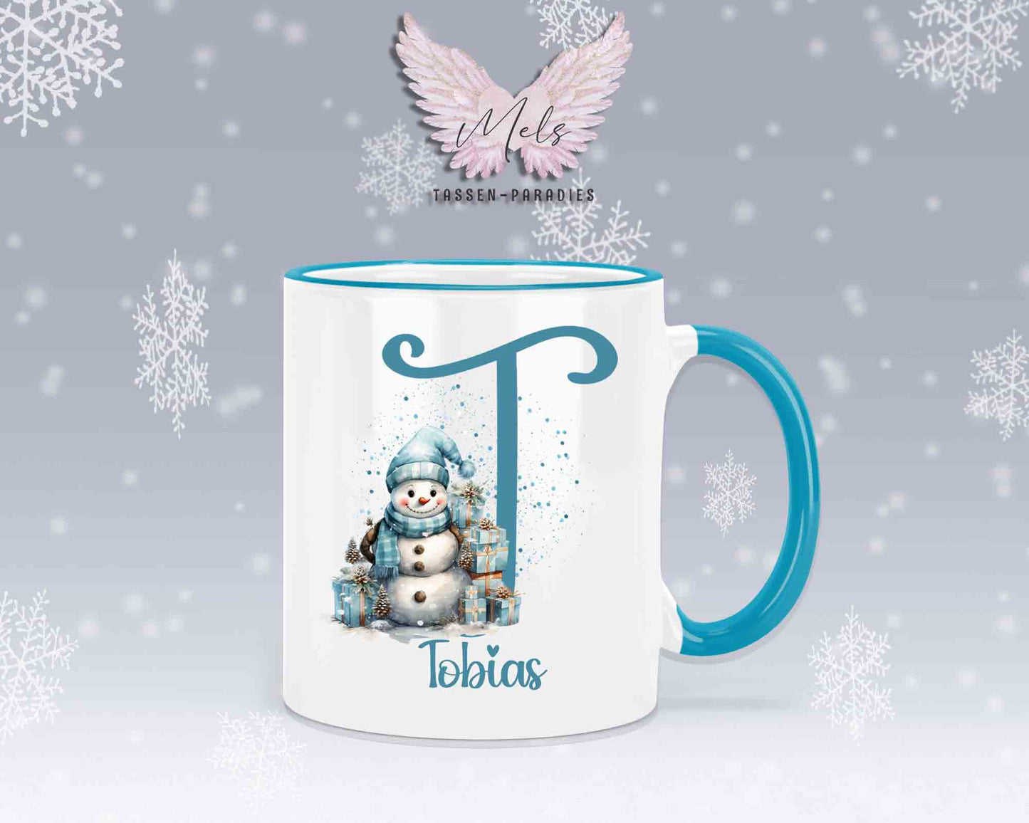 Schneemann Türkis-Alphabet mit Name - Personalisierte Keramik-Tasse Hellblau 2