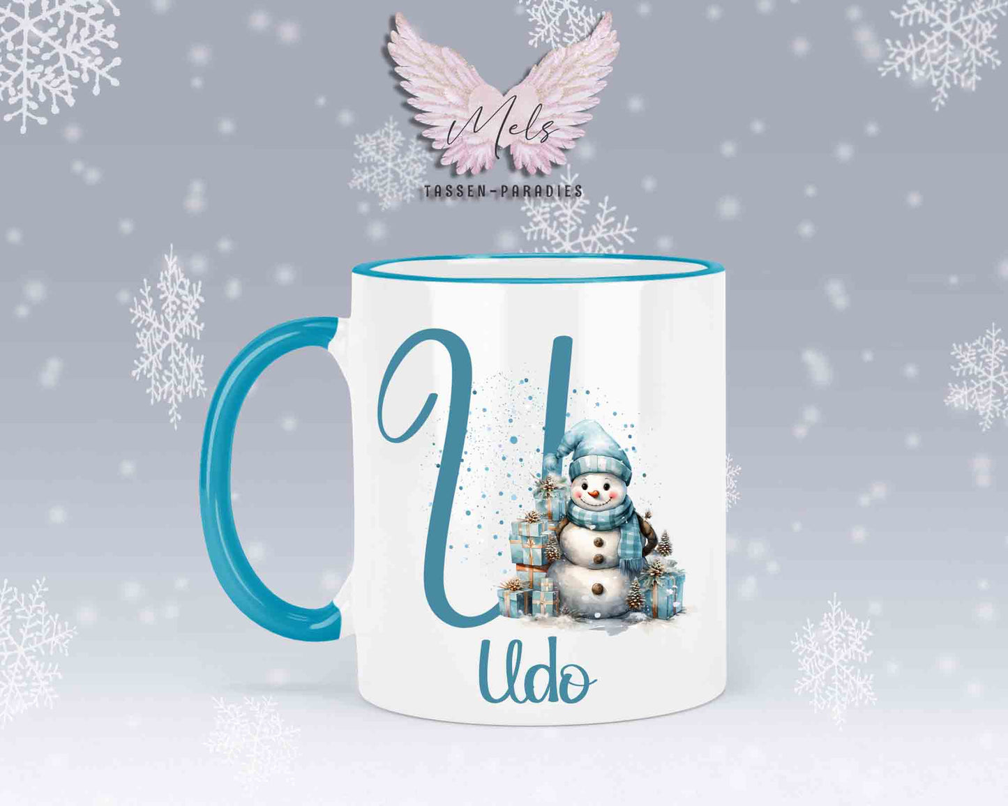 Schneemann Türkis-Alphabet mit Name - Personalisierte Keramik-Tasse Hellblau 2