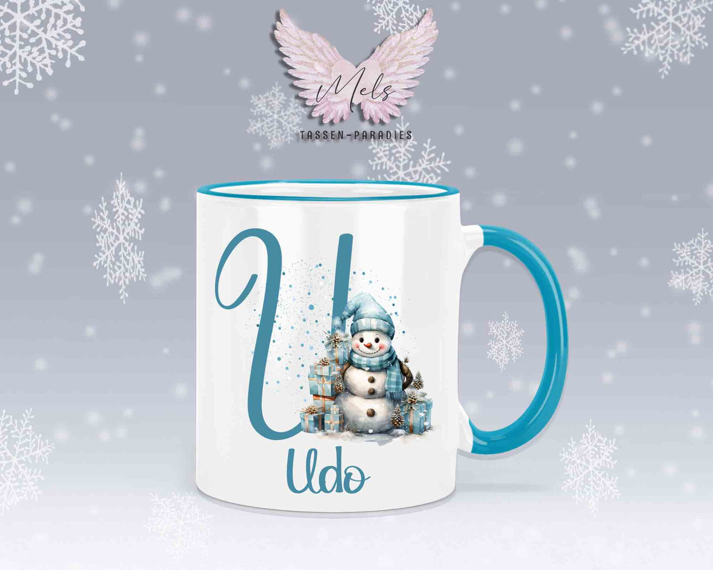 Schneemann Türkis-Alphabet mit Name - Personalisierte Keramik-Tasse Hellblau 2