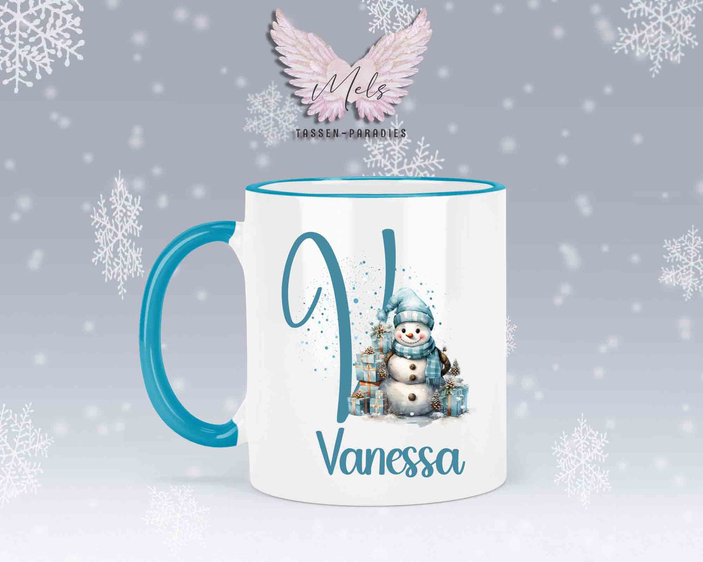 Schneemann Türkis-Alphabet mit Name - Personalisierte Keramik-Tasse Hellblau 2