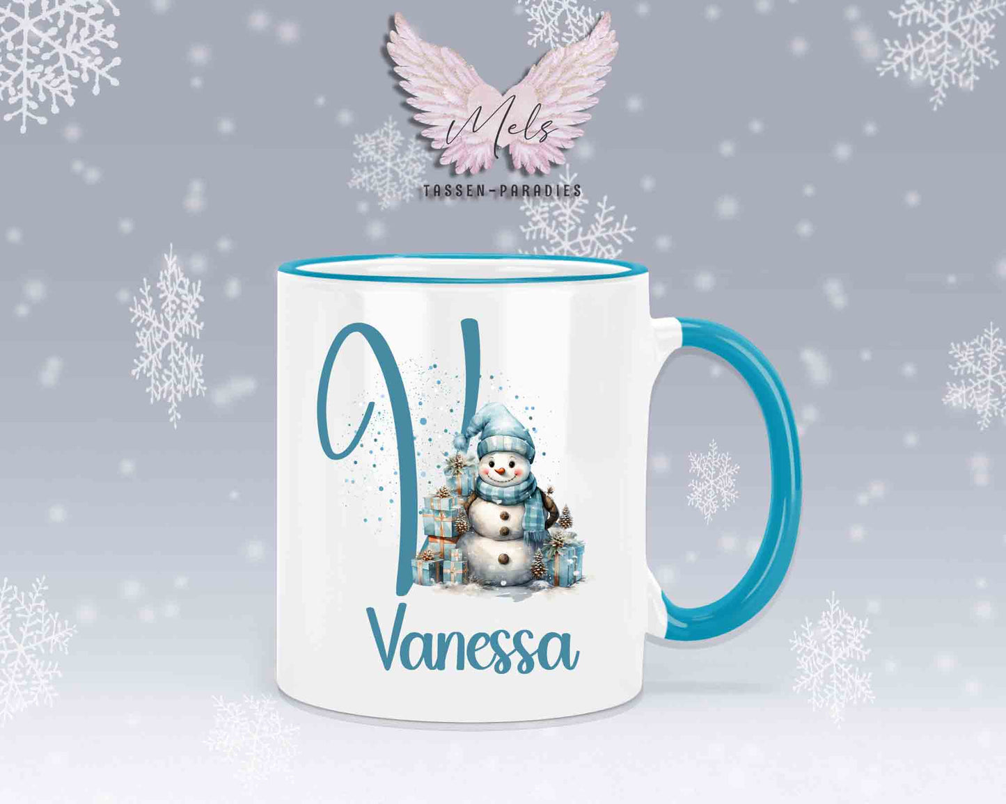 Schneemann Türkis-Alphabet mit Name - Personalisierte Keramik-Tasse Hellblau 2