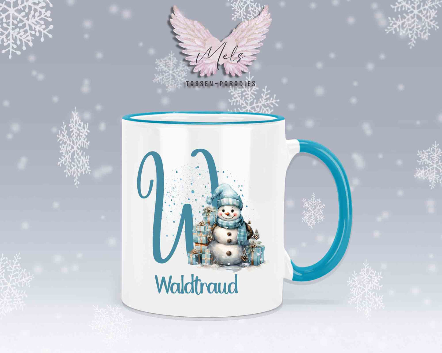 Schneemann Türkis-Alphabet mit Name - Personalisierte Keramik-Tasse Hellblau 2