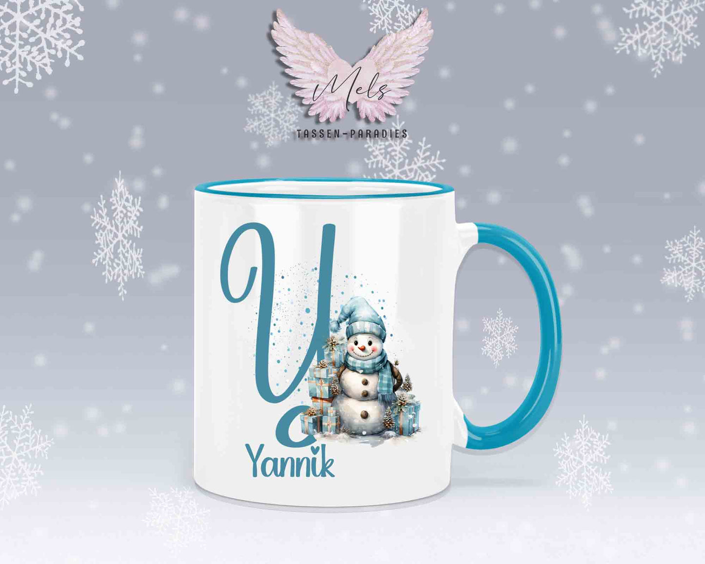 Schneemann Türkis-Alphabet mit Name - Personalisierte Keramik-Tasse Hellblau 2