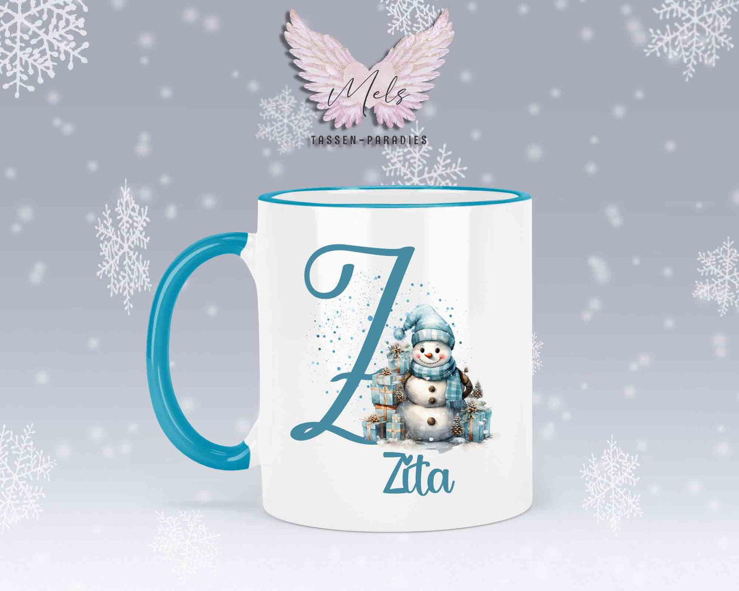 Schneemann Türkis-Alphabet mit Name - Personalisierte Keramik-Tasse Hellblau 2